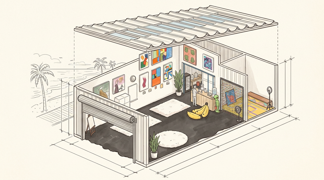 Architectural cutaway drawing of the Month to Month gallery on the Venice boardwalk